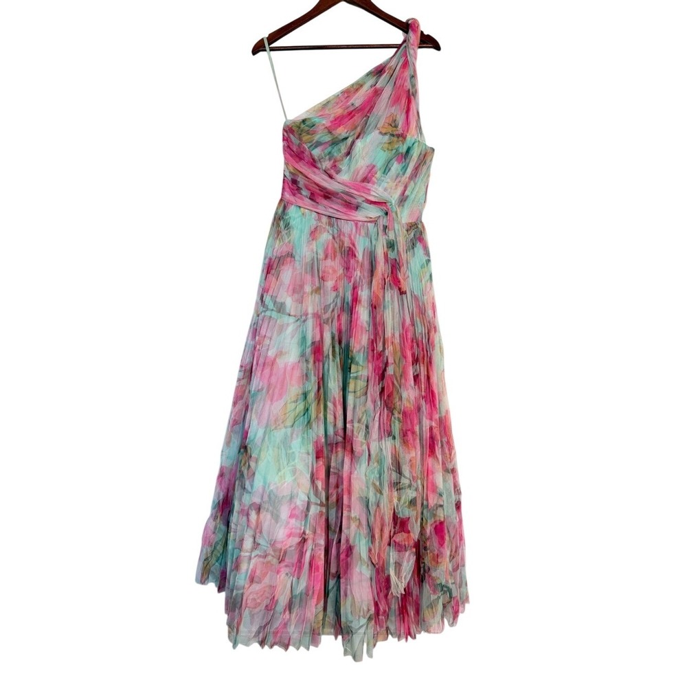 Hutch Philippa One Shoulder Tulle Midi Dress Mint Pink Tropical Sz 14W NWT - Picture 2 of 4